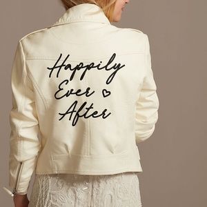 David's Bridal Ivory Motorcycle Faux Vegan Leather Jacket Happily Ever After NWT